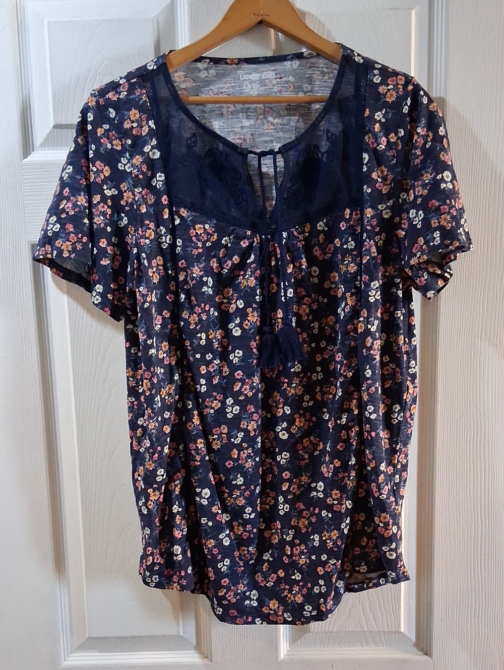 Lands' End Navy Floral Lace-Yoke Tassel Tie Blouse
